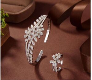 925 Sterling Silver Ring and Bangle Set with Shimmering Simulated Diamonds.