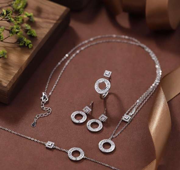 925 Sterling Silver Double Chain Necklace shimmers with radiant Simulated Diamonds