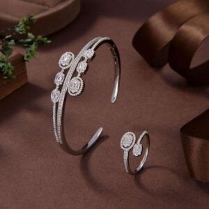 925 Sterling Silver Ring and Bangle Set with High-Quality Simulated Diamonds