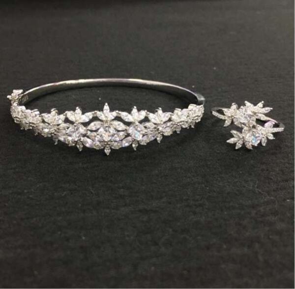 Sparkling 925 Sterling Silver Ring and Bangle Set with high grade zircons